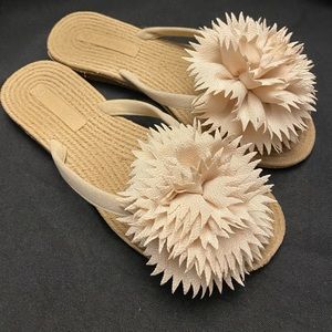Beige/Tan Fabric Pom Pom flip flops-Size:‎ 37